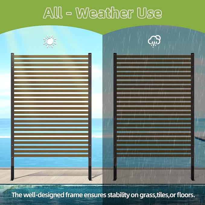 Outdoor Privacy Screen Freestanding with Base Feet,3.6ft×4ft Wood Grain Metal Decorative Privacy Fence Panels for Patio Backyard Garden,Dark Brown
