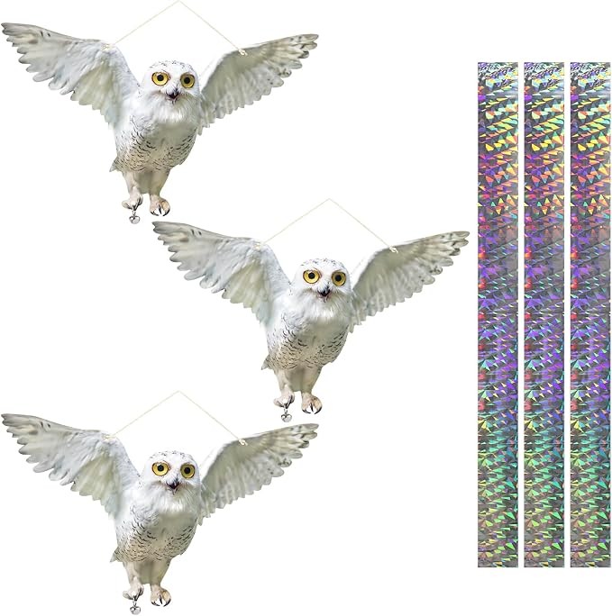3PCS Reflective Hanging Fake Owl Decoration, Garden Owl Control Device to Keep Pigeons Away from House Windows Outdoor Garden Yard