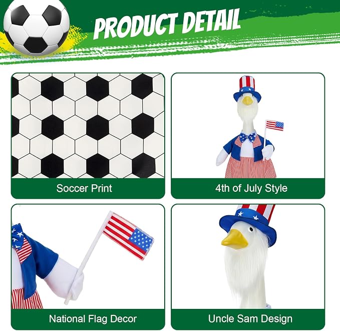4th of July Porch Goose Outfit with Soccer Goose Outfit, Patriotic Uncle Sam Goose Costume with American Flag & World Cup Fit 23" Geese Statues Garden, Patio, Lawn Yard Decor