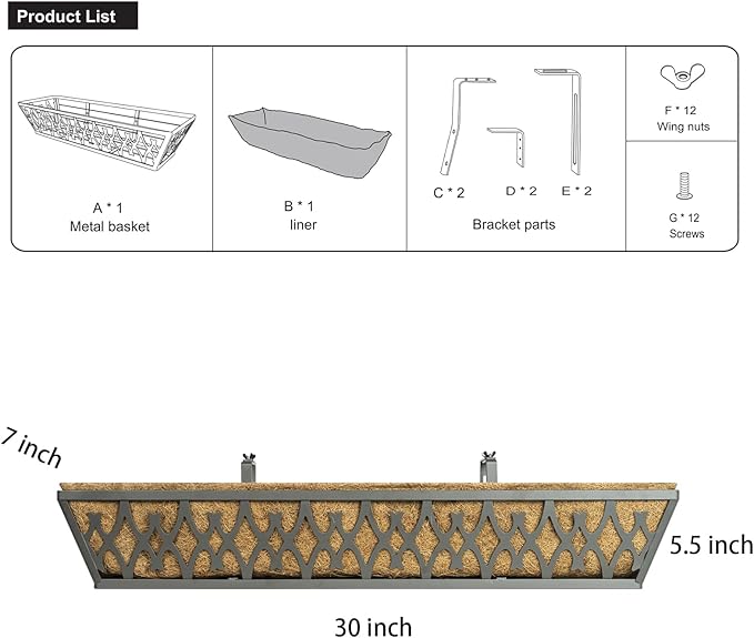 6 Pack 30 Inch Window Boxes Planters Railing Planter Box with Adjustable Brackets for Porch Fence Patio Balcony Hanging Flower Baskets with Coco Liners for Outdoor Garden Decor - Dark Grey