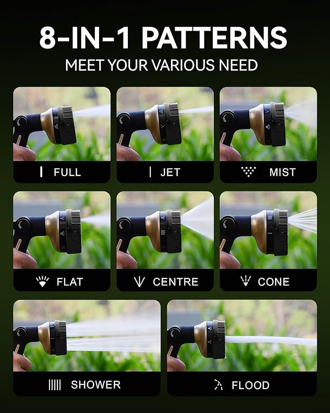 RAINPOINT Hose Sprayer Nozzle Heavy Duty - 8 Spray Patterns Garden Hose Nozzle with Adjustable Flow Control for Watering Plants, Washing Cars,Washing Pets, Thumb Control (Black)