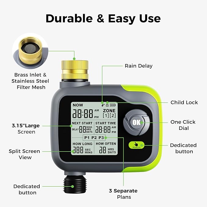 Sprinkler Timer, Watering Timer for Garden Hose, Programmable Hose Faucet Timers w/Rain Delay, Outdoor Soaker Automatic& Manual Drip Irrigation Controller System for Lawn Yard Greenhouse