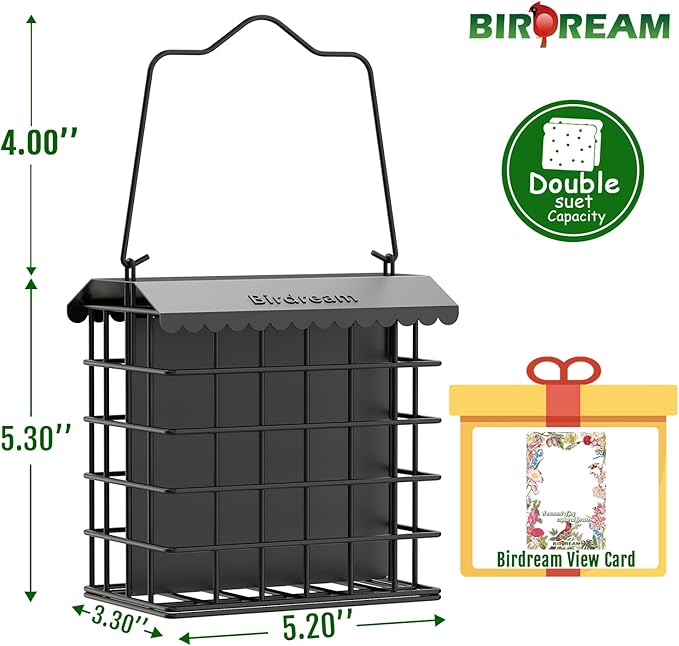 Birdream Double Suet Bird Feeders for Outdoors, All Metal Bird Suet Cakes Cage Holder with Weatherproof Roof, Easy to Refill & Clean, Attract Woodpeckers, Chickadees, Nuthatches, Black