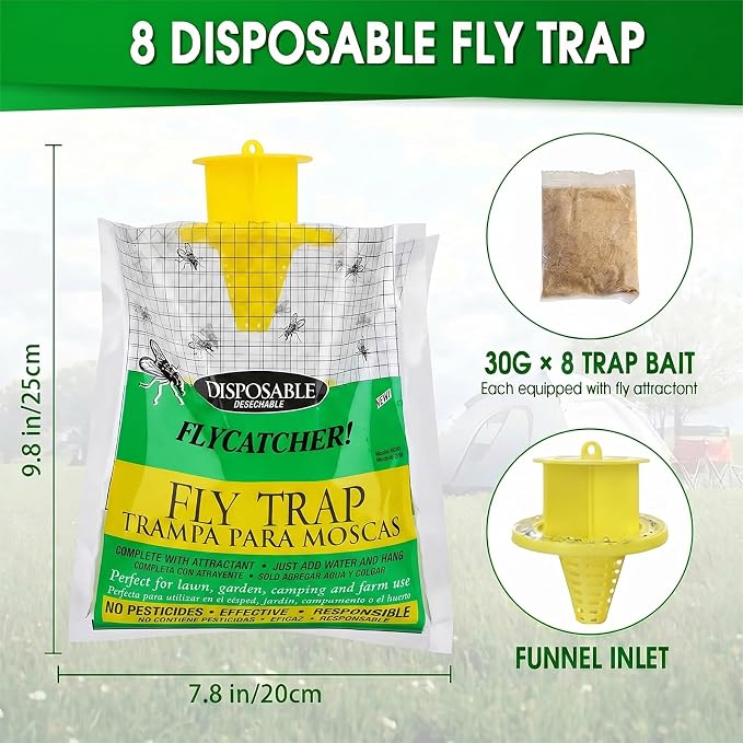 Fly Trap Bags 8 Pack Outdoor Hanging - Disposable Fly Catcher Mess-Free Bug Bags for Yard Garden Farm & Horse Ranch