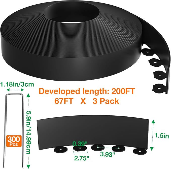 Bonviee 200FT Landscape Edging Kit, 1.5” No-Dig Garden Edging Border with 300 Stainless Steel Stakes, 3 x 67FT Flexible Lawn Edging for Flower Beds, Yard, Tree Rings & Landscaping
