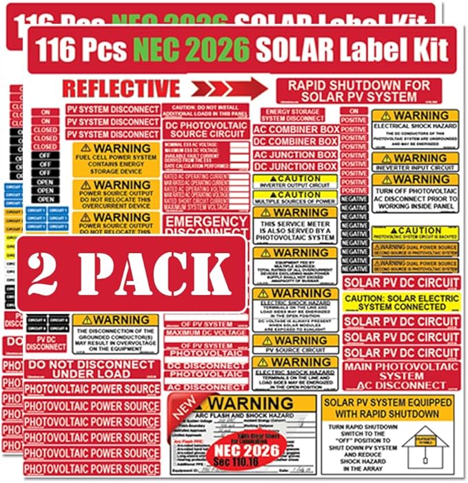 2 Packs of 116 Pack NEC 2026/2023/2020/2017 Code Compliant Photovoltaic Solar Panel Label Kit Electrical Panel Safety Stickers Outdoor Rated Waterproof Laminated