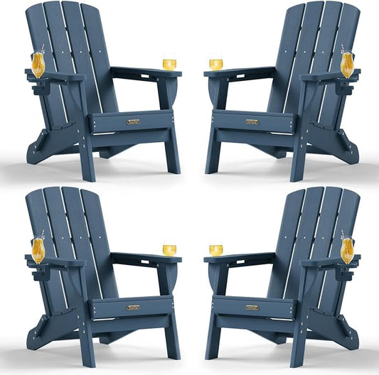 Folding Adirondack Chair Set of 4, HDPE Adirondack Chairs with 2 Cup Holder, Plastic All-Weather Fire Pit Chairs, Outdoor Lawn Chair for Patio Garden (New Blue)
