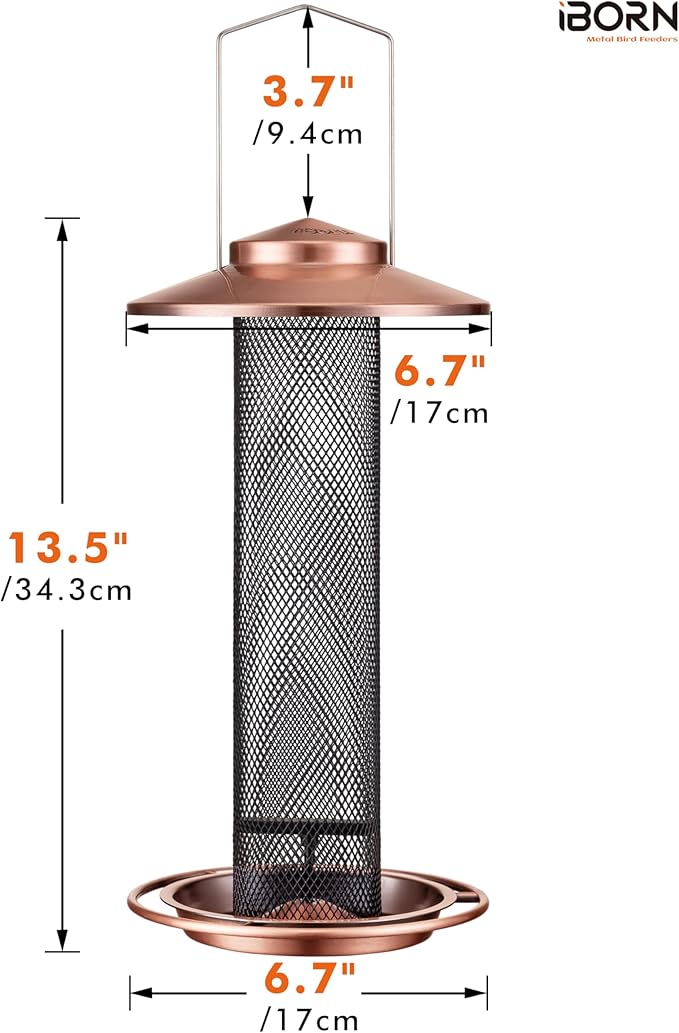 iBorn Finch Feeders for Outside,Thistle Bird Feeders for Outdoors Hanging,Nyjer Seed Feeder,Metal Mesh Tube Bird Feeder 13.5 Inch with 17cm Weatherproof Large Roof&Tray,2 LB Capacity,Brushed Copper