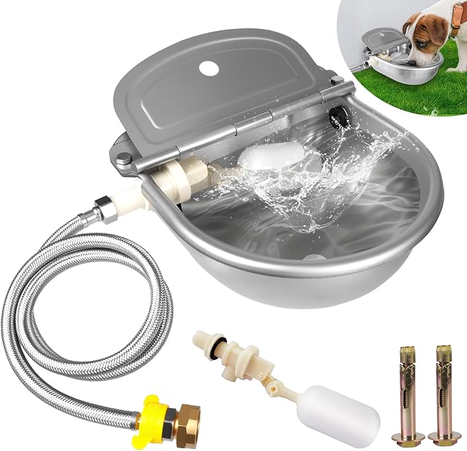 Automatic Water Dispenser for Dogs, Auto Dog Waterer for Outdoor, Stainless Steel Water Bowl Dispenser for Livestock, Chicken Water System, Self Filling Dog Water Bowl Fit 3/4'' GHT Faucet