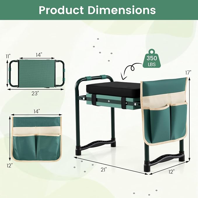 2-in-1 Garden Kneeler and Seat, Folding Garden Seat w/EVA Foam Kneeling Pad & Removable Tools Pouch, Sturdy Steel Frame, No Assembly, Portable Heavy Duty Garden Stool w/Detachable Armrests