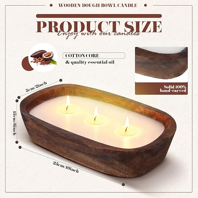 Threlaco 1 Pack 10 Inch Wood Dough Bowl Candles Home Rustic Dough Bowl Soy Candle 3 Wick Scented Candles Gifts for Men Women Farmhouse Table Centerpiece Home Decor for Christmas(Hot Cocoa)
