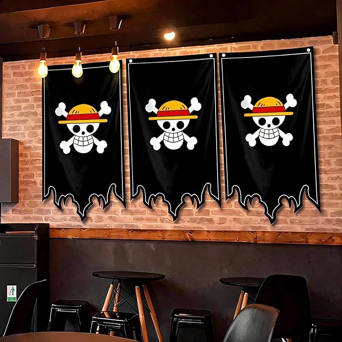49x29in Vertical Anime-Style Pirate Banner with Straw Hat Skull Design for Halloween Decor and Themed Rooms