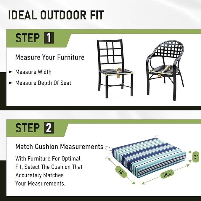 Basic Beyond Outdoor Chair Cushions Set of 4, Square Corner Outdoor Cushions for Patio Furniture, Water Resistant Patio Chair Cushions with 2 Ties, 18.5x16x3, Pinstriped Blue
