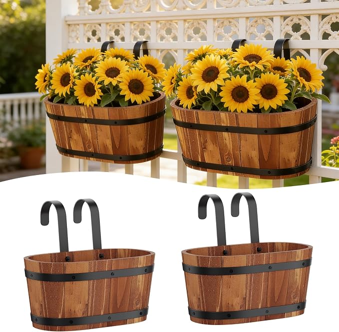 Railing Planters for Outdoor Plants Balcony Hanging Flower Pots with Detachable Hooks, Window Flower Box Hanging Bucket Pots Fence Planters for Garden Home Decor (Brown-2pack, Small)