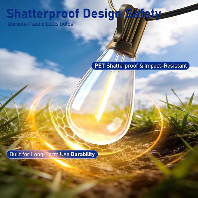 200FT LED Outdoor String Lights with Remote, One Continuous Strand Patio Lights with 72+2 Shatterproof S11 Bulbs, Dimmable 2200K Warm White, Timer & 3 Modes, Low Voltage for Backyard Garden