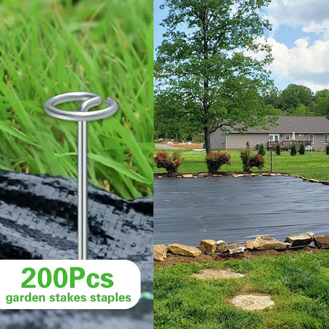 Bakulyor 200Pcs Circle Top Landscape Staples, 6 Inch Garden Stake 9 Gauge Galvanized Landscape Fabric Stakes, Heavy Duty Yard Ground Pins for Outdoor Gardening Weed Barrier Sod Fabric - Silver 6"