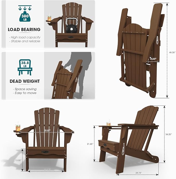 THOEOE Folding Adirondack Chair,HDPE All-Weather Outdoor Chair with Cup Holder,Wooden Textured,Fire Pit Chair,Plastic Patio Chair for Deck,Backyard,Garden,Lawn, Brown