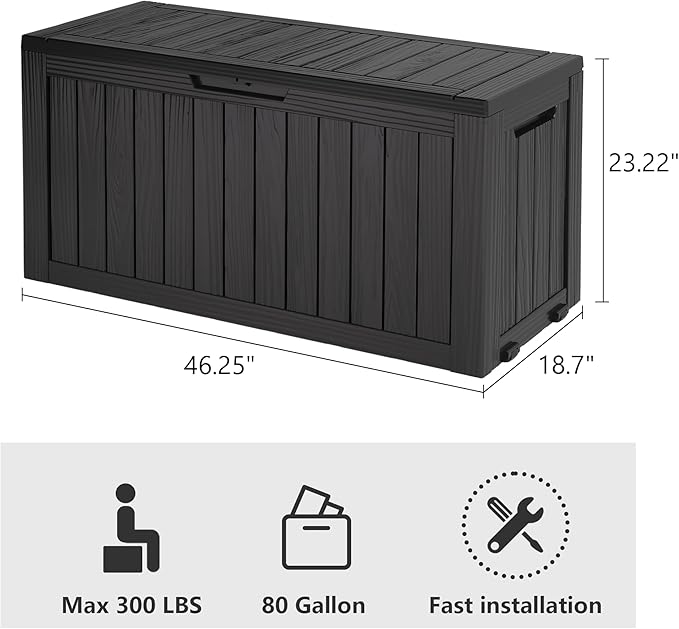 LHBGO 80 Gallon Deck Box Large Outdoor Storage Boxfor Patio Furniture,Outdoor Cushions, Garden Tools, Sports Equipment and Pool Supplies, Waterproof, Resin, Lockable