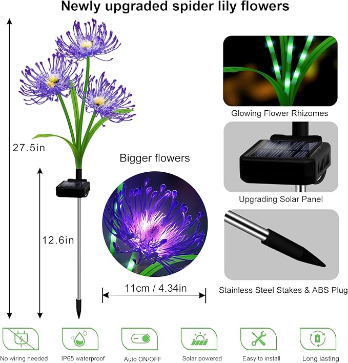 Solar Lights Outdoor, 4 Pack Purple Lights - Purple Flower Garden Decorative with Glowing Stems, Waterproof IP65 Yard Spider Lily Lights for Pathway Lawn Patio, Garden Gifts for Women Mom Grandma