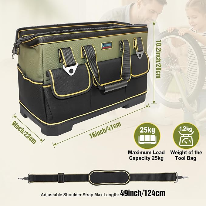 Tool Bag, Ounic 16 Inch BigTool Tote Bag Heavy Duty With Waterproof Molded Base, Wide Mouth Tool Box Organizer with Adjustable Shoulder Strap for Electrician Mechanic Craftsman Plumbers(Green)