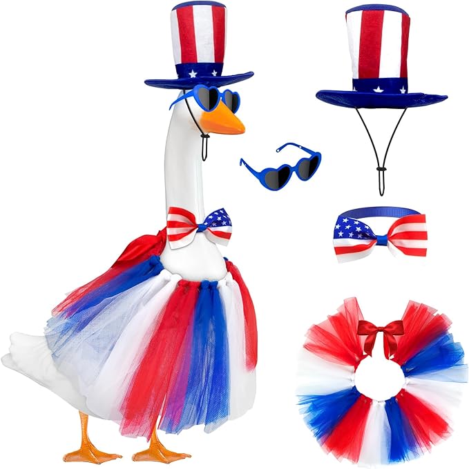 Independence Day Goose Outfit with Sunglasses & Tie,Porch Goose Outfits for 23" 17" Cement Plastic Goose Clothes Costumes, 4th of July Goose Outfit for Party Outdoor Patio Yard Lawn