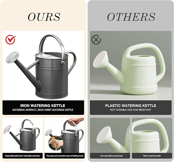 Metal Watering Can for Outdoor and Indoor Plants, Watering Can Decor, 1 Gallon (Gray)