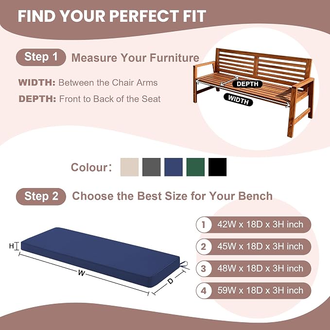 Outdoor Bench Cushions for Outdoor Furniture, 48x18 Inch, Waterproof Patio Furniture Cushion, Fade Resistant Bench Cushions for Porch Swing, Long Bench, Indoor, Navy Blue