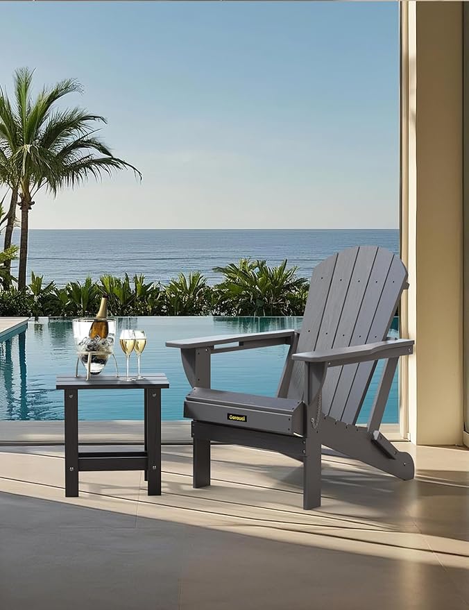 Carauci Plastic HDPE Adirondack Chair, Folding Adirondack Chair Weather Resistant with Cup Holder, Wooden Textured Fire Pit Outdoor Chair for Garden, Porch, Lawn, Backyard, Supports 380LBS, Grey