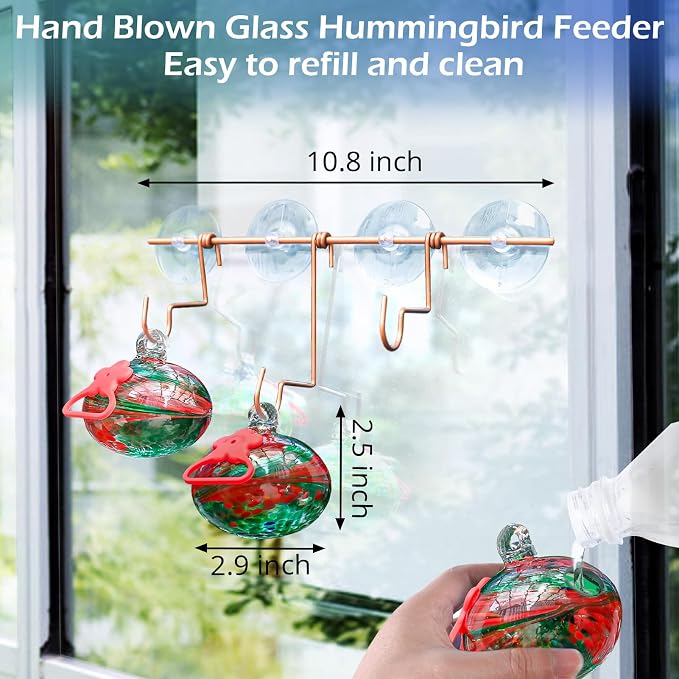 Pozfun Window Hummingbird Feeder with Suction Cups,Hand-Blown Glass Hummingbird Feeders for Outdoors Window Mounted with Metal Hook,Close Bird Watching,Finch in Garden,Yard(Red)
