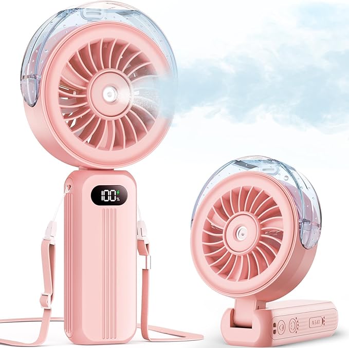 Otlonpe Handheld Misting Fan Portable, Powerful 4 High Speeds Rechargeable Small Hand Held Fan Water Mist, 4000mAh Battery Operated, Foldable, Lanyard, Personal Cooling for Travel Men Wome
