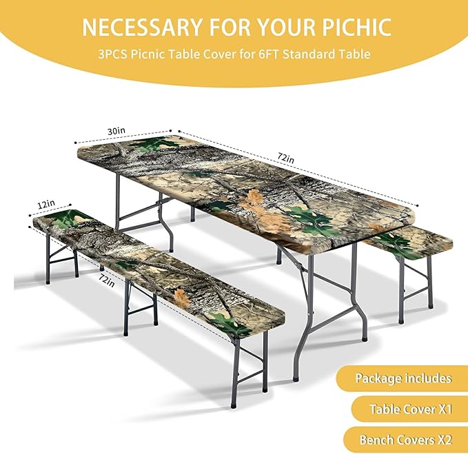 Picnic Table Cover with Bench Covers 72IN 6FT, Camping Essentials Tablecloth Waterproof Oilproof with elastic Edge for Indoor Outdoor Patio (Camouflage)