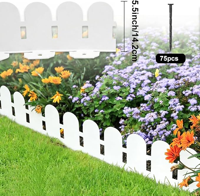 Landscape Edging 5.5IN x 49FT, Garden Edging Plastic Garden Borders, Tool-Free Flexible Lawn Edging Kits with 75pcs Anchoring Spikes for Home Lawns, Yards, Flowerbeds, White
