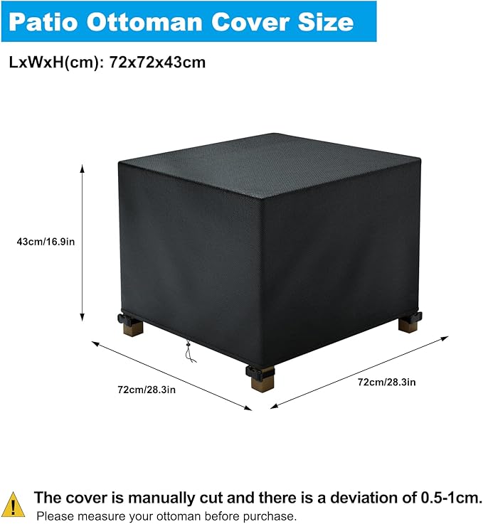 Patio Ottoman Cover Waterproof, 28.3 x 28.3 x 16.9 inch Rectangular Outdoor Side Table Cover, Durable Outdoor Furniture Cover, Black