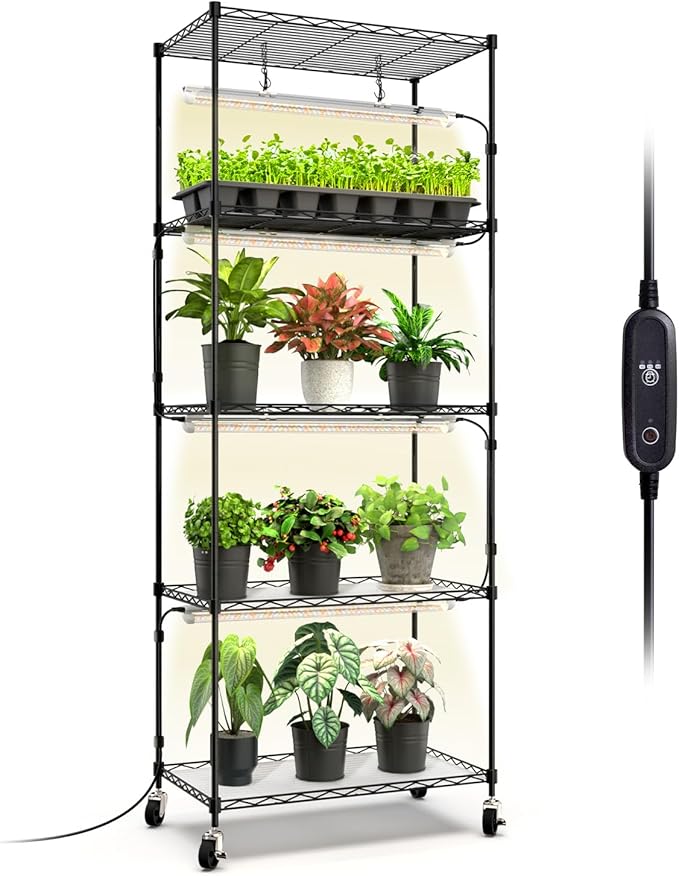 Bstrip Plant Stand with Grow Light, 5-Tier Plant Shelf with 4 Pack T8 Full Spectrum Grow Light for Indoor Plant Seed Starting, Winter to Spring Transition, Seed Tray, Timer & Wheels, 23.5"x13.8"x 59"