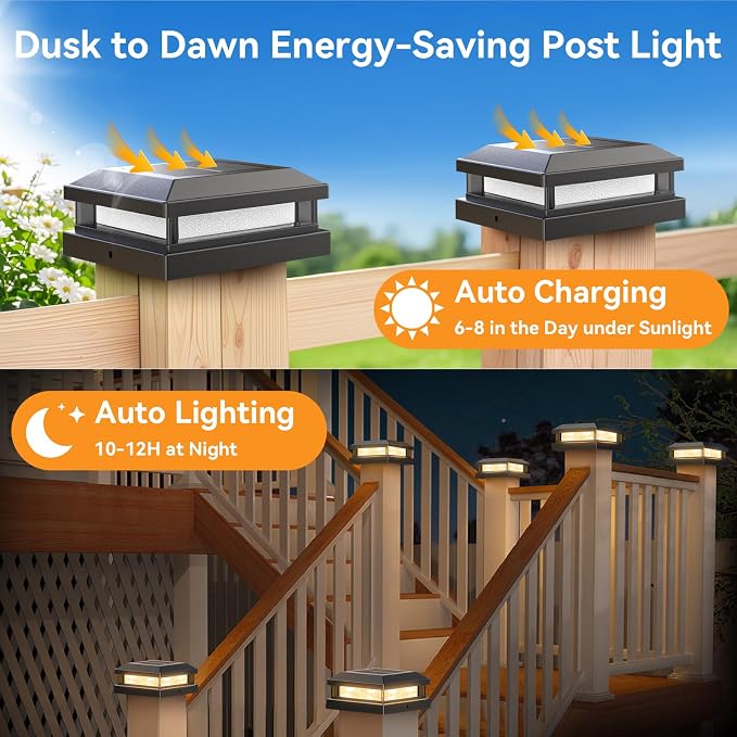 Solar Post Cap Lights Outdoor 16 Packs for 4x4 5x5 Vinyl/Wooden Posts, Waterproof Solar Powered Fence Cap Light with Warm/Cool Lighting, Black 16LEDs Deck Caps Lights for Yard, Garden, Patio