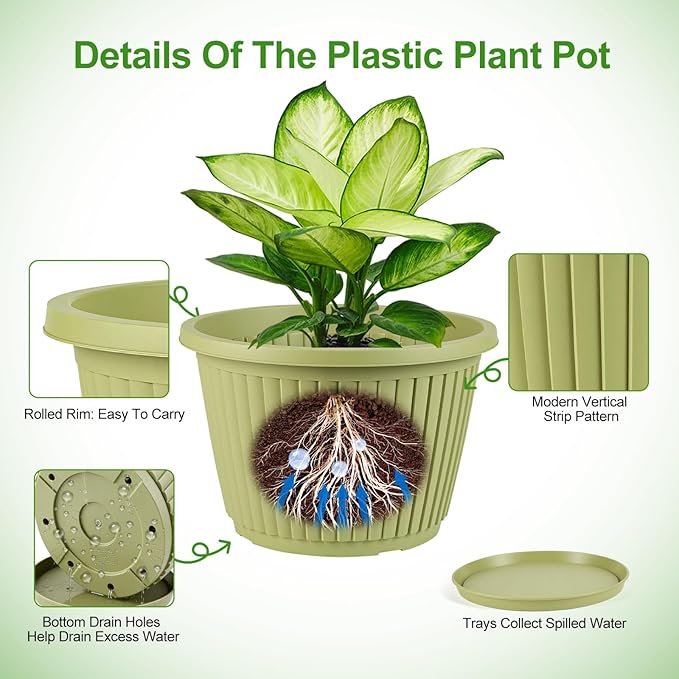 10-inch-Planters-for-Outdoor-Plant，Plastic Indoor Flower Pots with Drainage Holes & Saucer，4 Packs Decorative Garden Pots for Plant for Home Porch Decor