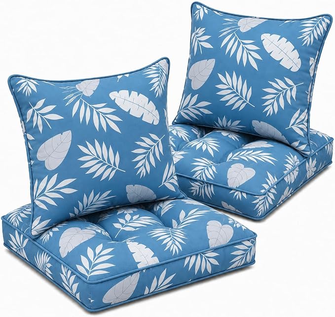 22x22 Waterproof Outdoor Chair Cushions Set of 2, Patio Cushions for Outdoor Furniture Water-Resistant & Fade-Resistant, Deep Seat & Back Cushion for Wicker Sofa (Blue Leaf)