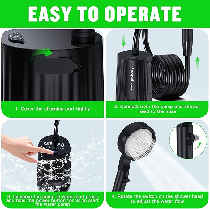 Spopal Portable Shower for Camping, [Upgraded] 10000mAh Rechargeable Camping Shower with 5 Adjustable Speeds,Premium LED Display, IPX8 Waterproof Outdoor Shower Kit for Hiking, Car, Pet, Travel