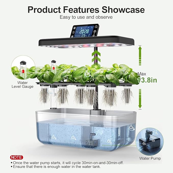 12 Pod Hydroponic Indoor Garden System with Full Spectrum LED Grow Light, Countertop Herb Growing Kit with Seed Starter, Soil-Free Planter for Kitchen, 13.8 x 13.8 x 7.9 Inches, Silver