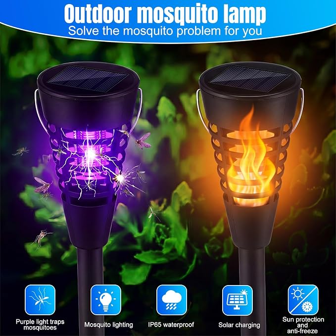 Qualirey 12 Pack Solar Bug Zapper & Mosquito Killer Outdoor Waterproof Cone-Shaped LED Light Mosquito Repellent for Patio, Garden, Yard, Camping - Hanging/Insertion Design (Flame & Purple Light)