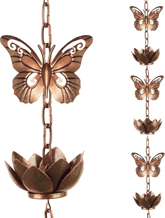8.8ft Rain Chain for Gutters Downspouts Outside,Butterfly Rain Chain Cups with 12 Copper Chain Adjustable Lotus Rain Catcher Chain Functional and Decorative Replacement for Gutter Downspouts
