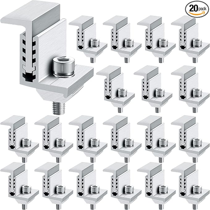 Zhengmy 20 Pack Solar Panel End Clamp Mounting Z Bracket Mid Clamps Aluminum Rail End Clamps Clips Adjustable Panels Grounding Gutter Kit for Pv Mounting System Install Hardware Fasteners Accessory