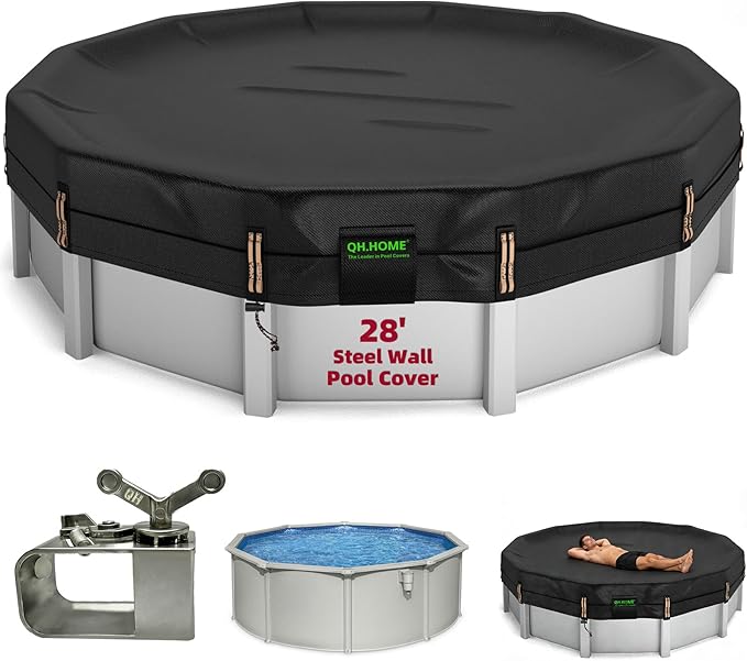 QH.HOME 550D 28 ft Pool Covers for Above Ground Pools[Upgraded Tear-Proof & Threefold Windproof] wth Pre-Installed Winch and Rope, Durable 4.5 Foot Overlap & Extra-Thick Designed for Steel WALL Pools