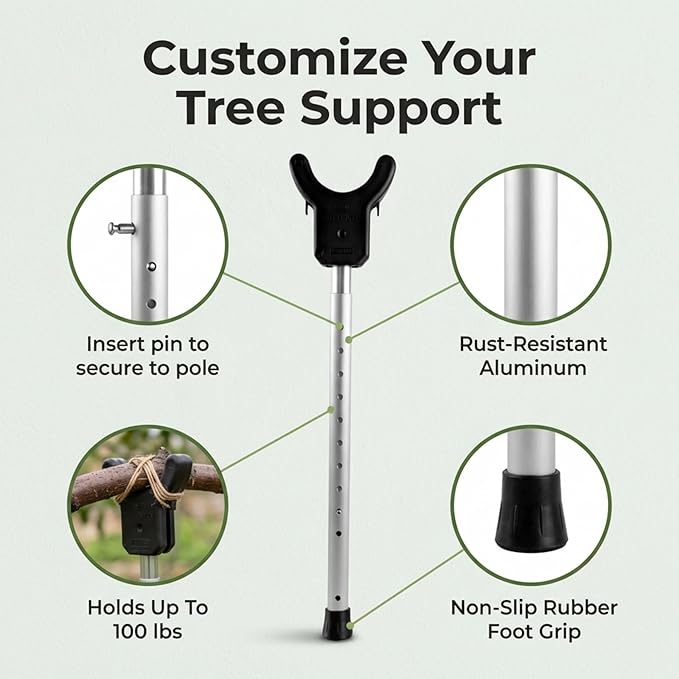 Adjustable Aluminum Tree Support Pole with Branch Crutch – Prevents Fruit Tree Branch Breakage – Holds Up to 100 lbs – Adjusts to 16”-74” for Leaning Trees (2-Pack)