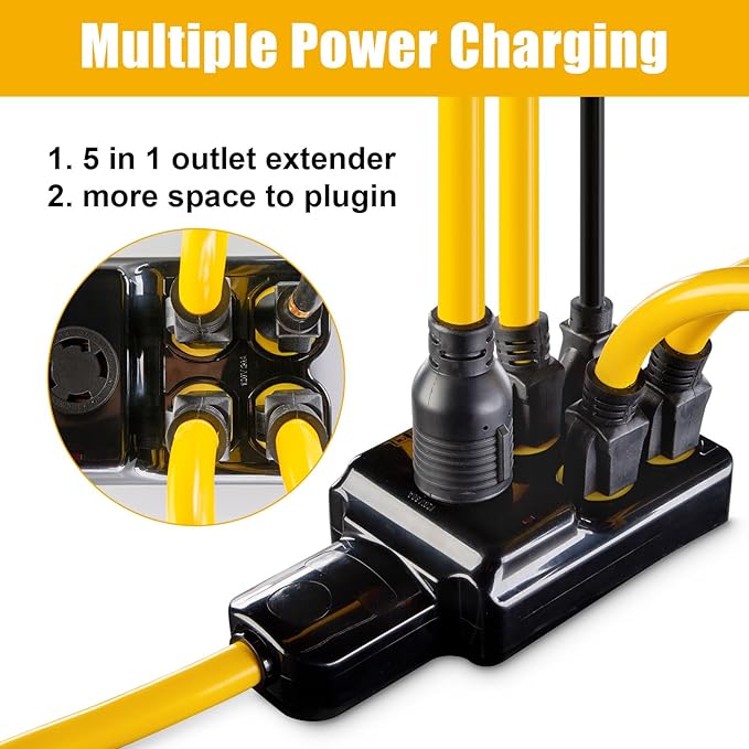 NEMA L14-30P to 4X 5-20R/5-15R&L14-30R Generator Adapter Extension Cord, 4 Prong 30 Amp to 110V,Twist Locking to 15 Amp/20 Amp Household Outlet, 125/250V 7500 Watts, ETL Listed (10FT)