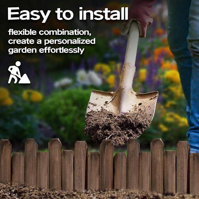 Wood Garden Edging, Staggered Wooden Fence Border Decorative Small Picket Panels and Landscape Fencing