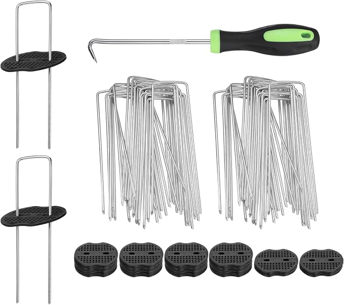 uxcell 50Pcs Garden Stakes, 6 Inch 11 Gauge Galvanized Landscape Staples U-Type Turf Stake Sod Pin Plant Stakes with Gasket&Hook for Landscaping Securing Weed Barrier Fabric, Silver