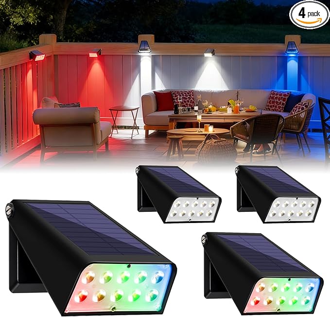 4th of July Patriotic Solar Fence Lights, Red White Blue Solar Light, Up to 30 Hours Runtime Stay On Dusk to Dawn Solar Deck Lights for Father's Day Decor Patio Yard Garden, 4Pack