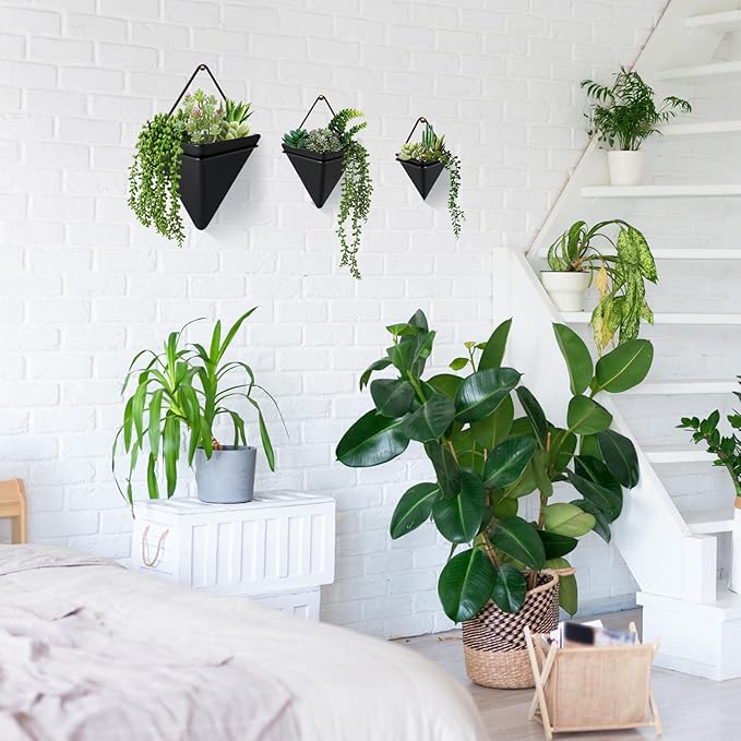 Rtteri 15 PCS Black Wall Hanging Planter Set with Artificial Succulents, 3 Ceramic Geometric Wall Planters in 3 Sizes, Modern Indoor Decor for Living Room Bathroom Office