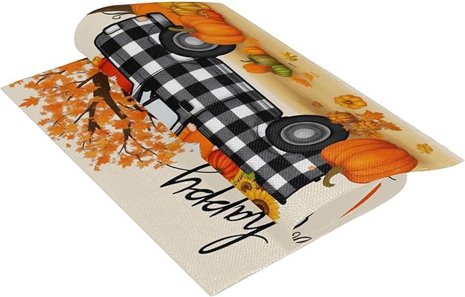 Happy Fall Pumpkin Truck Burlap House Flag 28x40 Inch Double Sided Outside Maple Leaves Tree Autumn Gnomes Seasonal Yard Outdoor Flag Banner for Garden Lawn Patio Holiday Decorations